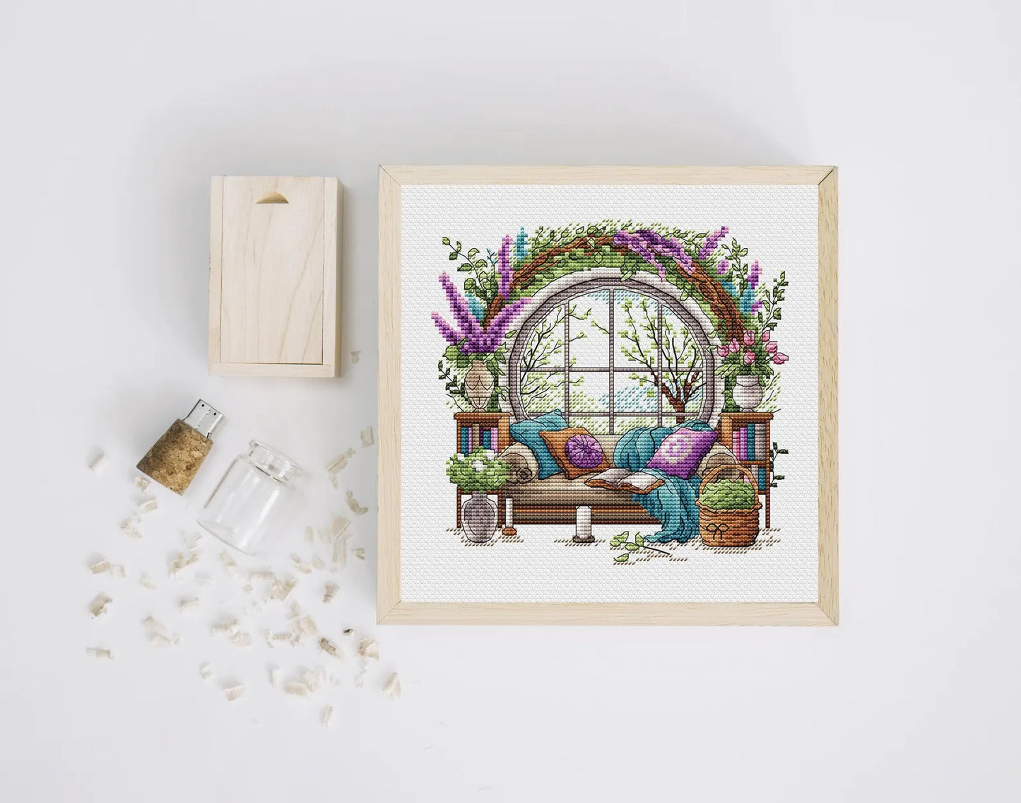 Garden Pattern for Cross Stitch, Interior Embroidery PDF, Green Garden Embroidery PDF, Terrace window cross stitch, Embroidery decor
