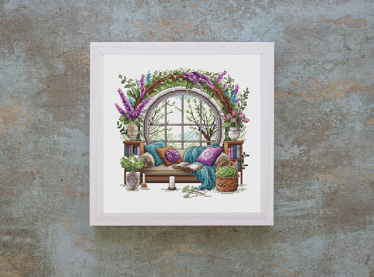 Garden Pattern for Cross Stitch, Interior Embroidery PDF, Green Garden Embroidery PDF, Terrace window cross stitch, Embroidery decor