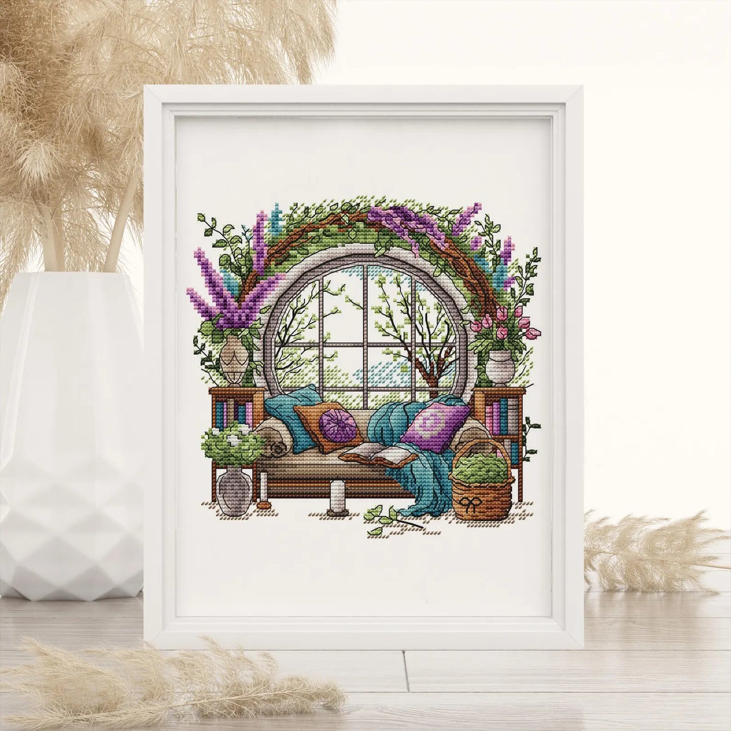 Garden Pattern for Cross Stitch, Interior Embroidery PDF, Green Garden Embroidery PDF, Terrace window cross stitch, Embroidery decor