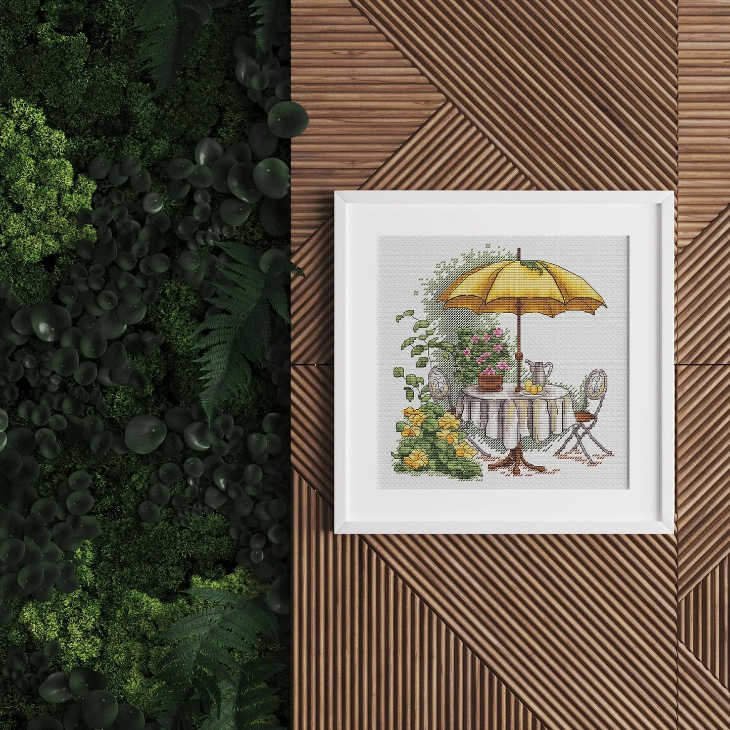 Garden Pattern for Cross Stitch, Interior Embroidery PDF, Green Garden Embroidery PDF, Terrace cross stitch, Lemon Embroidery decor