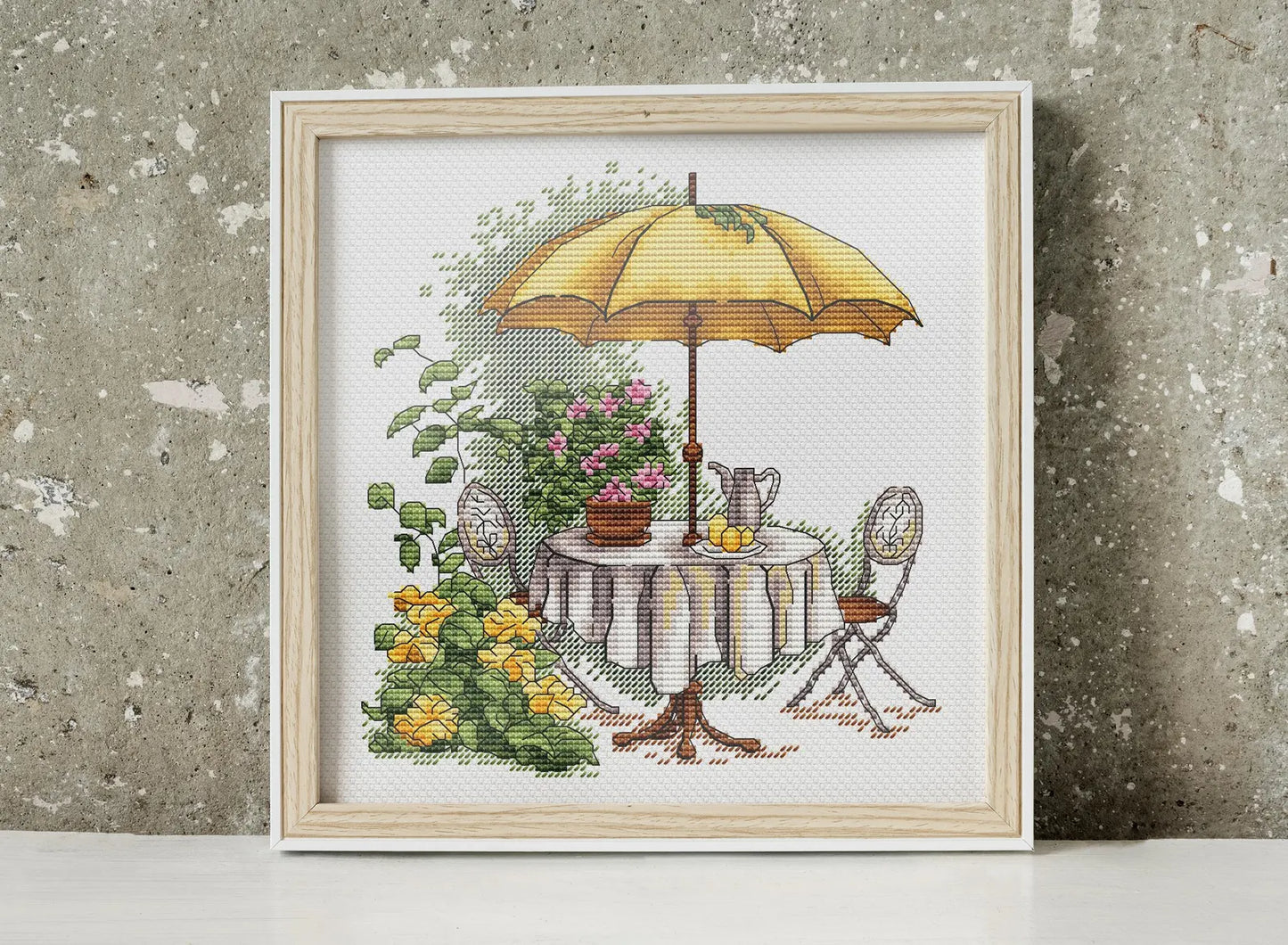 Garden Pattern for Cross Stitch, Interior Embroidery PDF, Green Garden Embroidery PDF, Terrace cross stitch, Lemon Embroidery decor