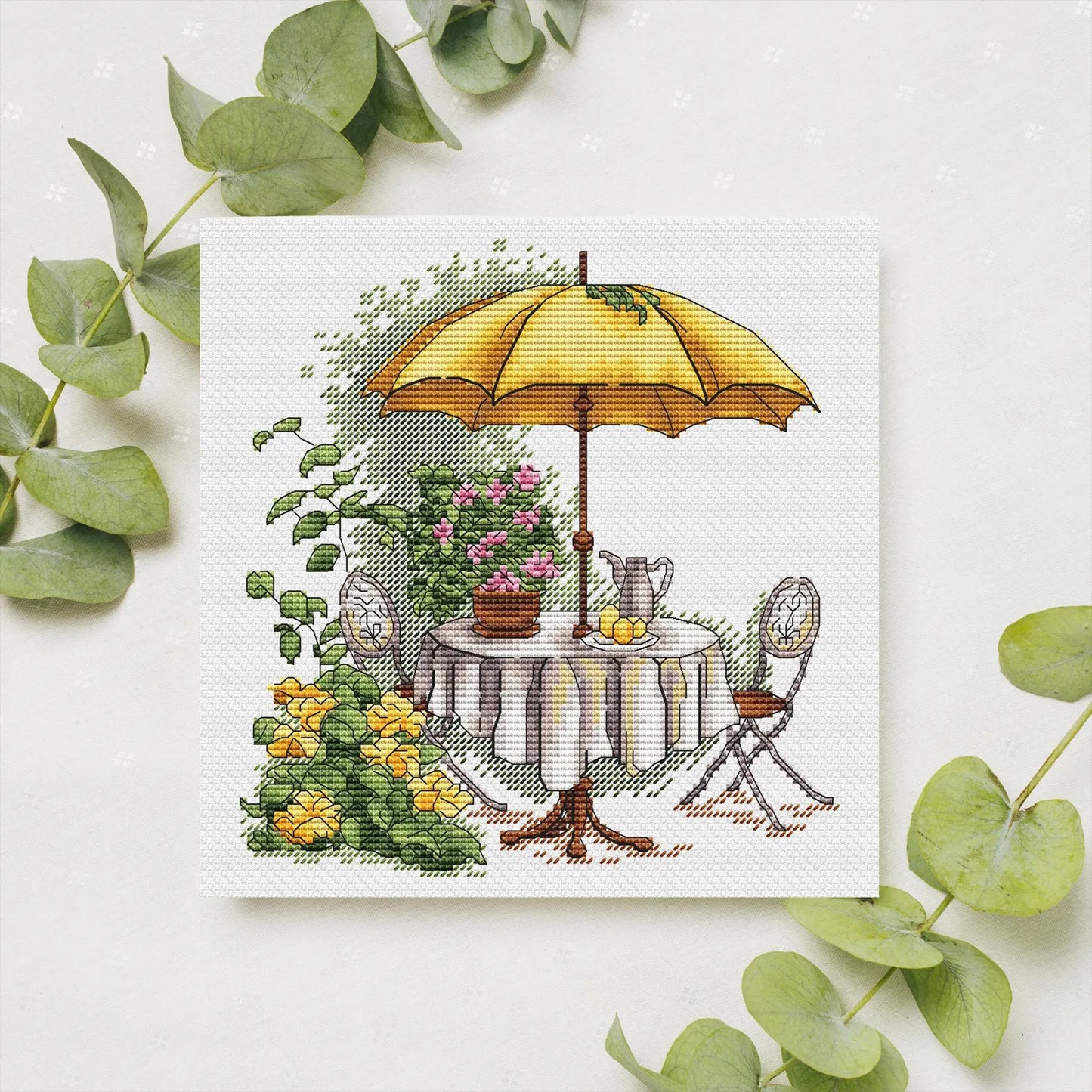 Garden Pattern for Cross Stitch, Interior Embroidery PDF, Green Garden Embroidery PDF, Terrace cross stitch, Lemon Embroidery decor
