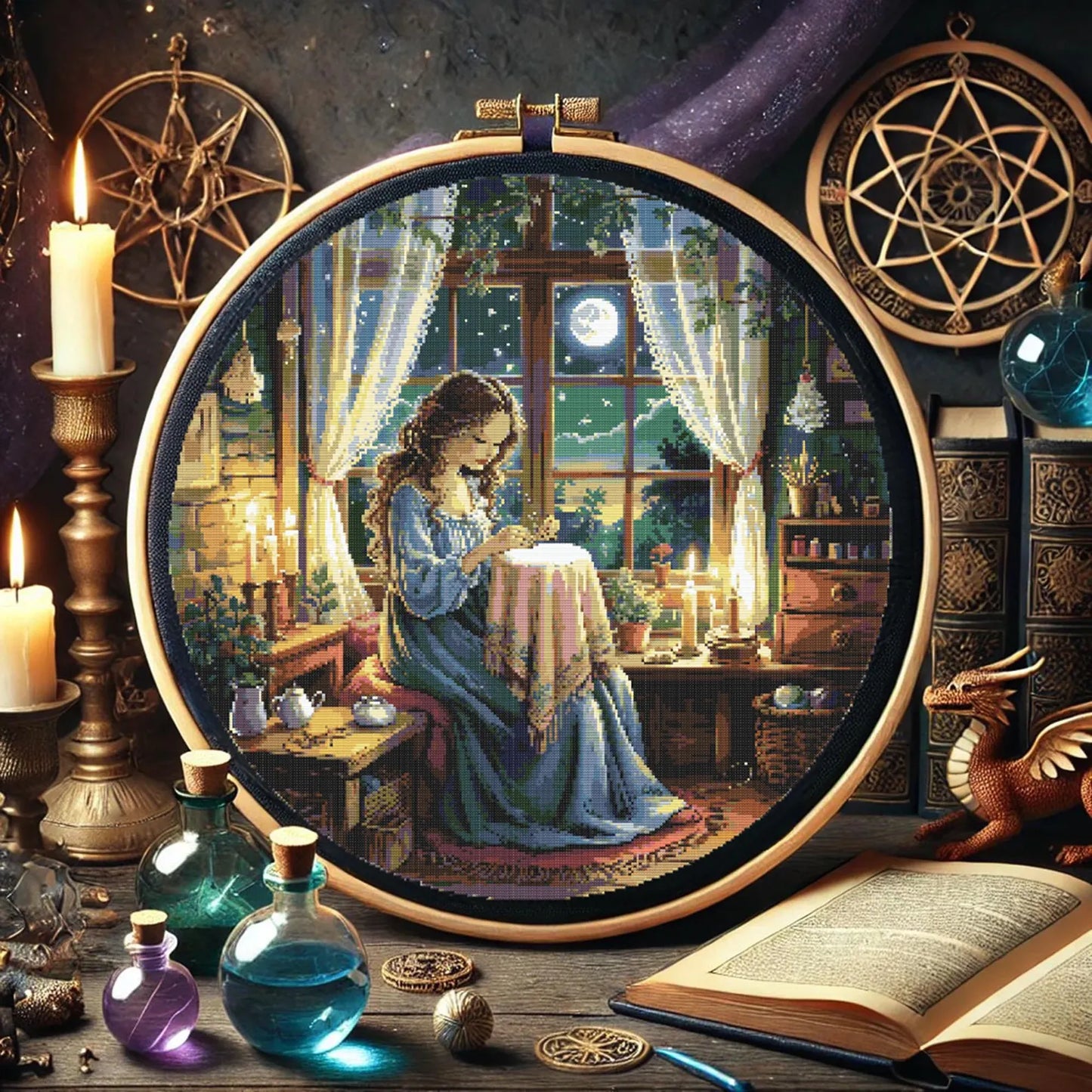 Moonlight embroidery girl cross stitch pattern with glowing stars and black cat magical Girl stitching design Fantasy Embroidery PDF