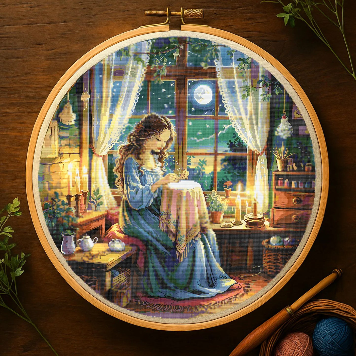 Moonlight embroidery girl cross stitch pattern with glowing stars and black cat magical Girl stitching design Fantasy Embroidery PDF