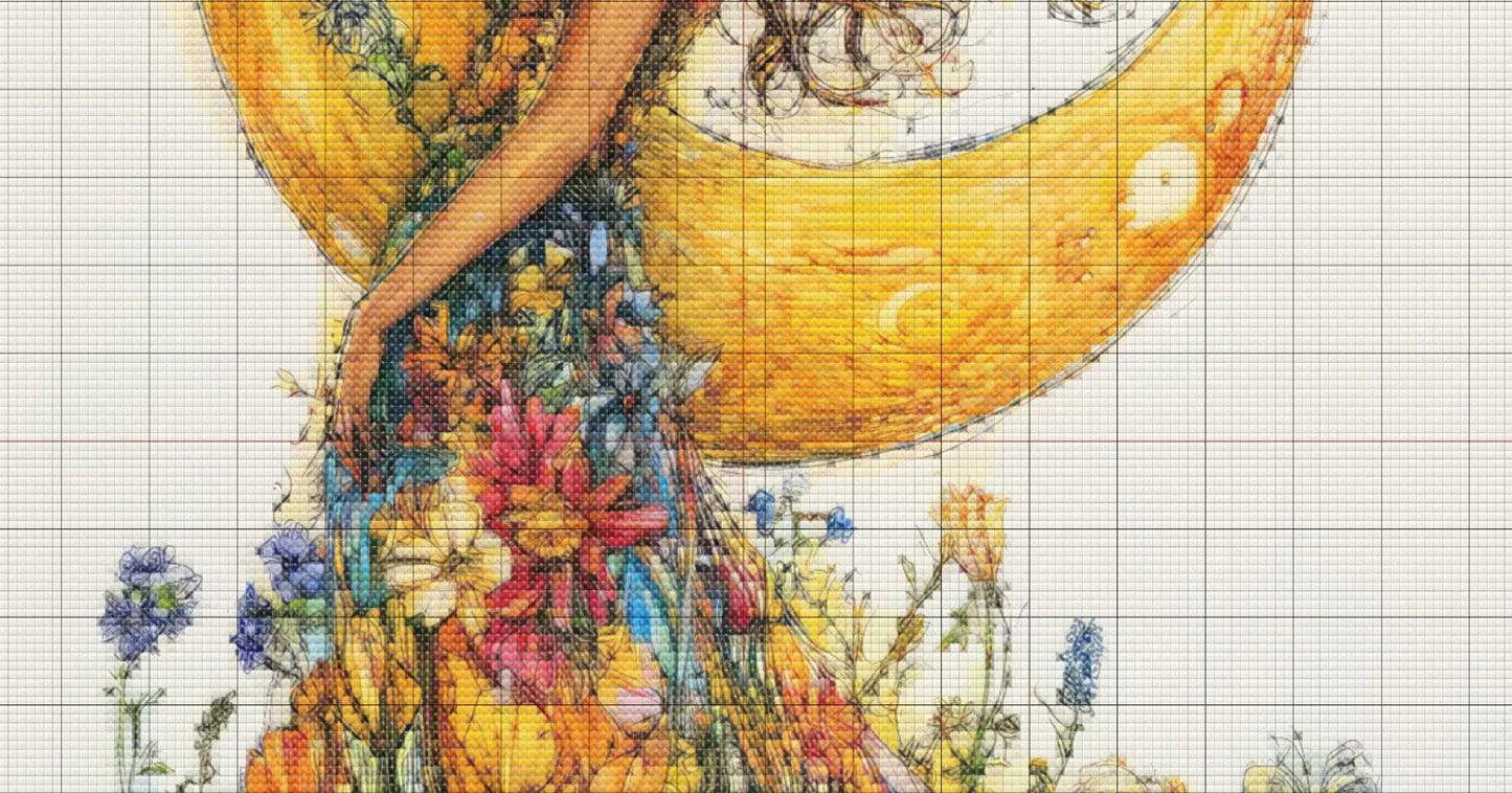 Flower Lady Floral Moon cross stitch pattern. Instant PDF Download. 52,500 Stitches.