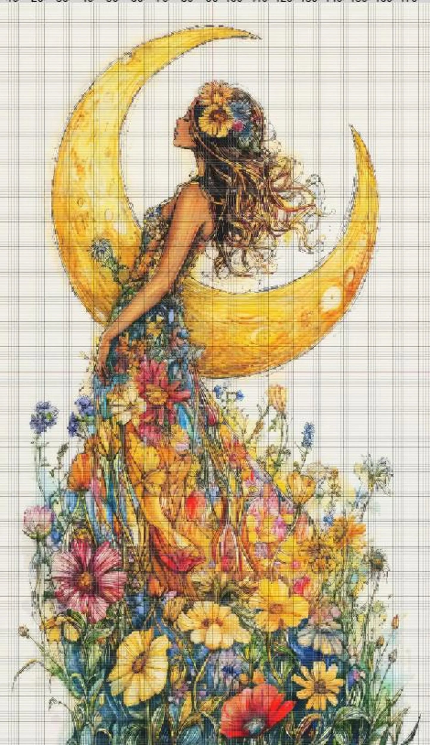 Flower Lady Floral Moon cross stitch pattern. Instant PDF Download. 52,500 Stitches.