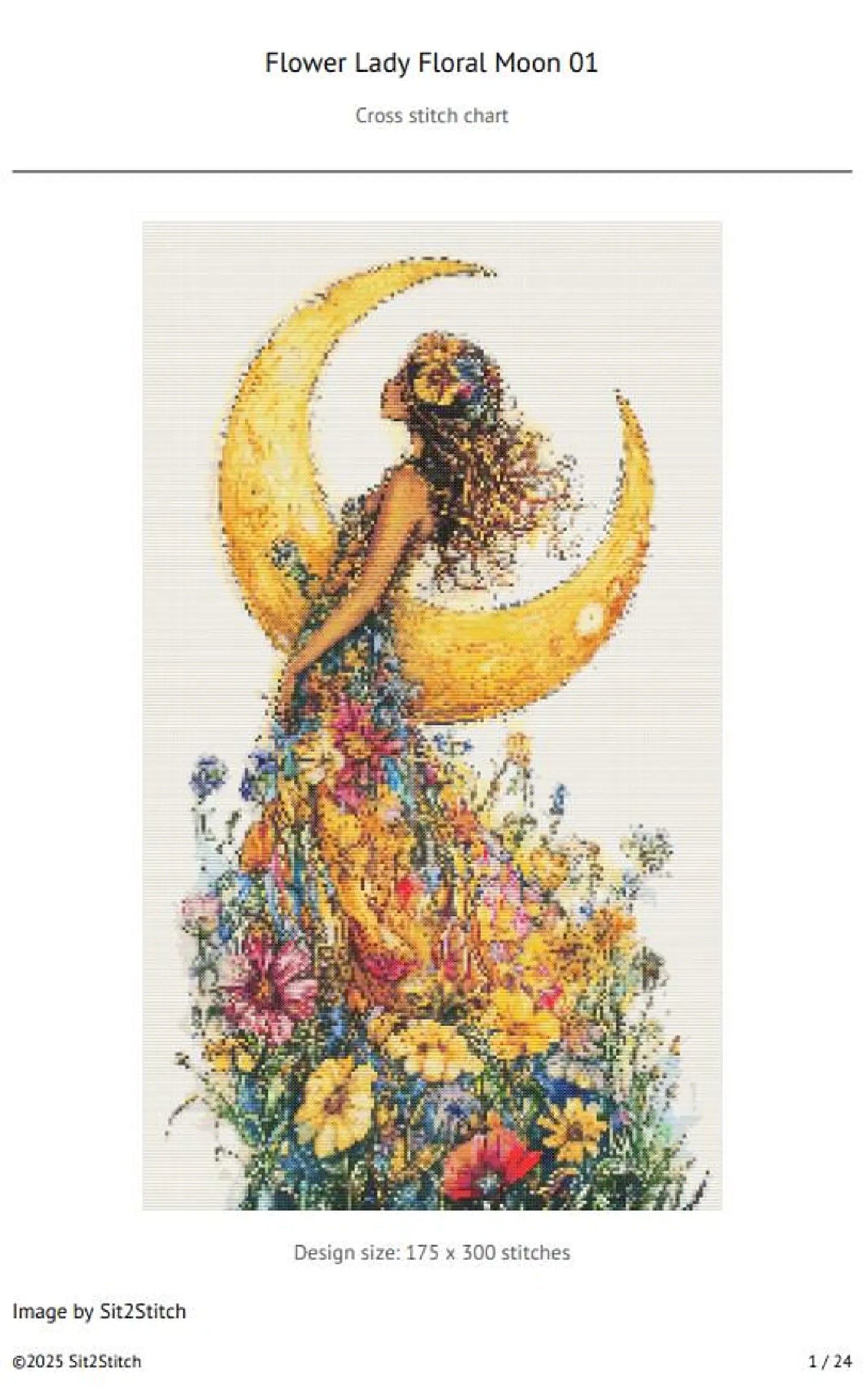 Flower Lady Floral Moon cross stitch pattern. Instant PDF Download. 52,500 Stitches.