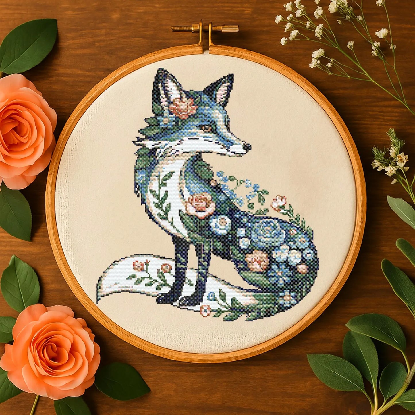 Floral Blue Fox Cross Stitch Pattern Fantasy Woodland Flowers Fox Embroidery Animal Botanical Forest Stitch Pattern PDF For Beginner