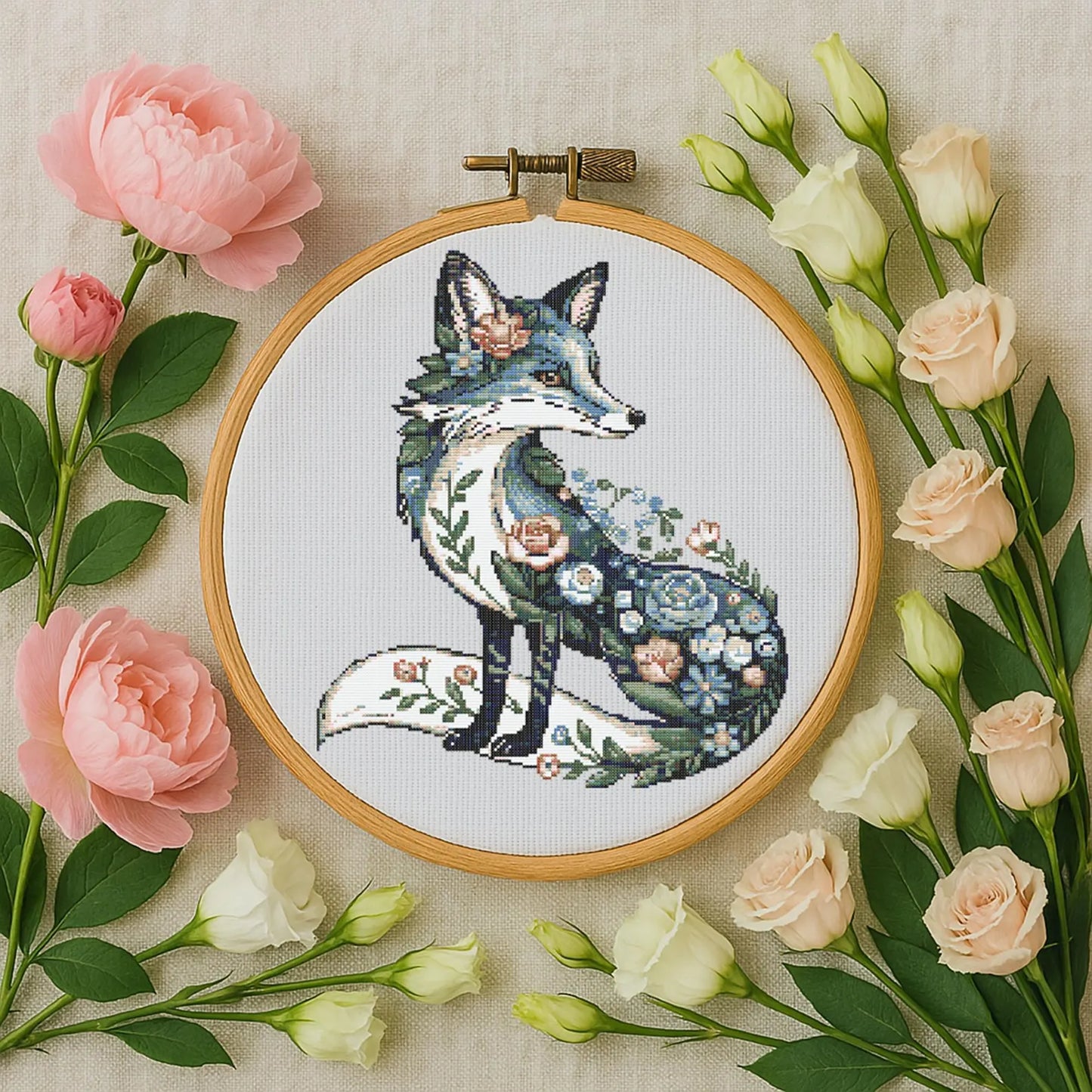 Floral Blue Fox Cross Stitch Pattern Fantasy Woodland Flowers Fox Embroidery Animal Botanical Forest Stitch Pattern PDF For Beginner