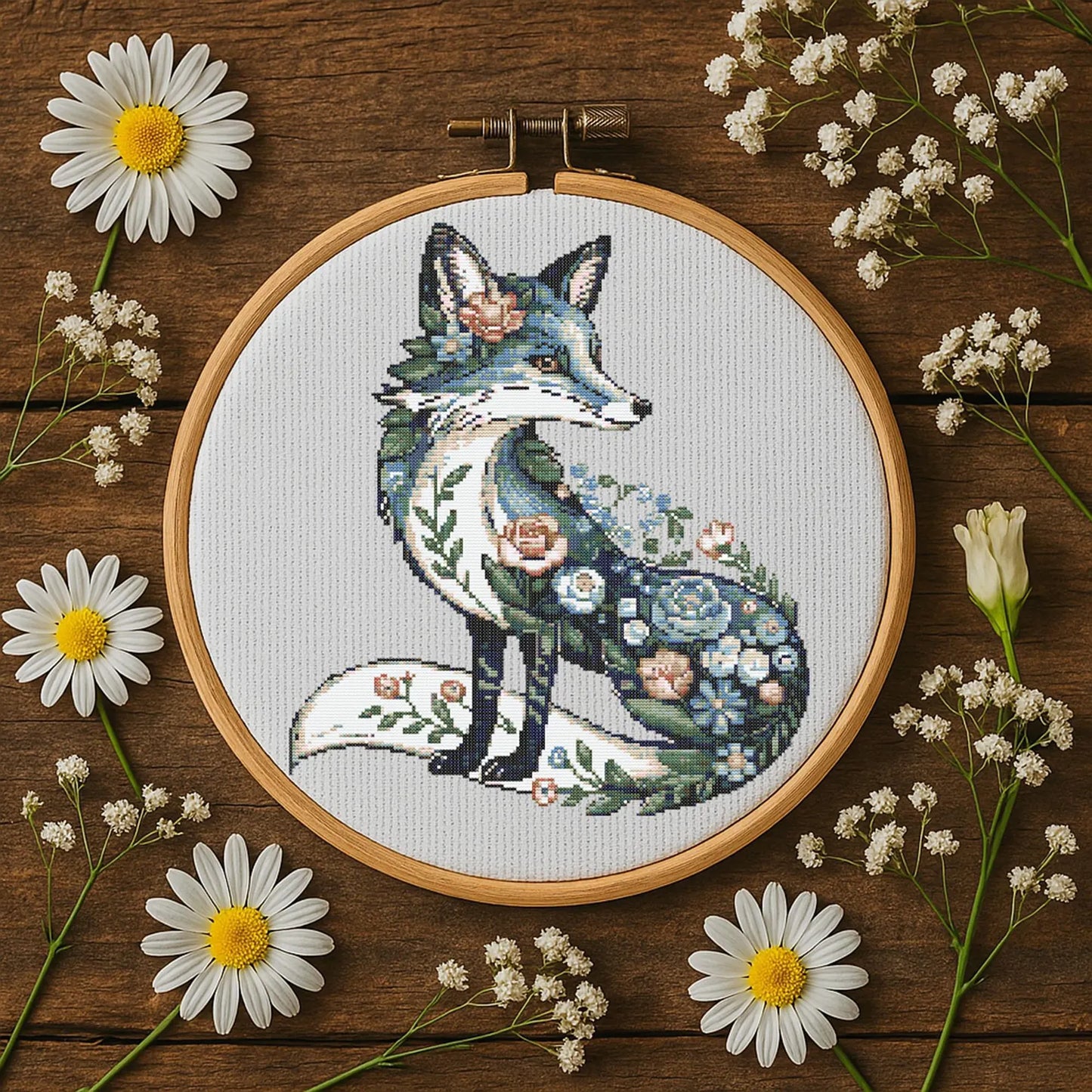 Floral Blue Fox Cross Stitch Pattern Fantasy Woodland Flowers Fox Embroidery Animal Botanical Forest Stitch Pattern PDF For Beginner