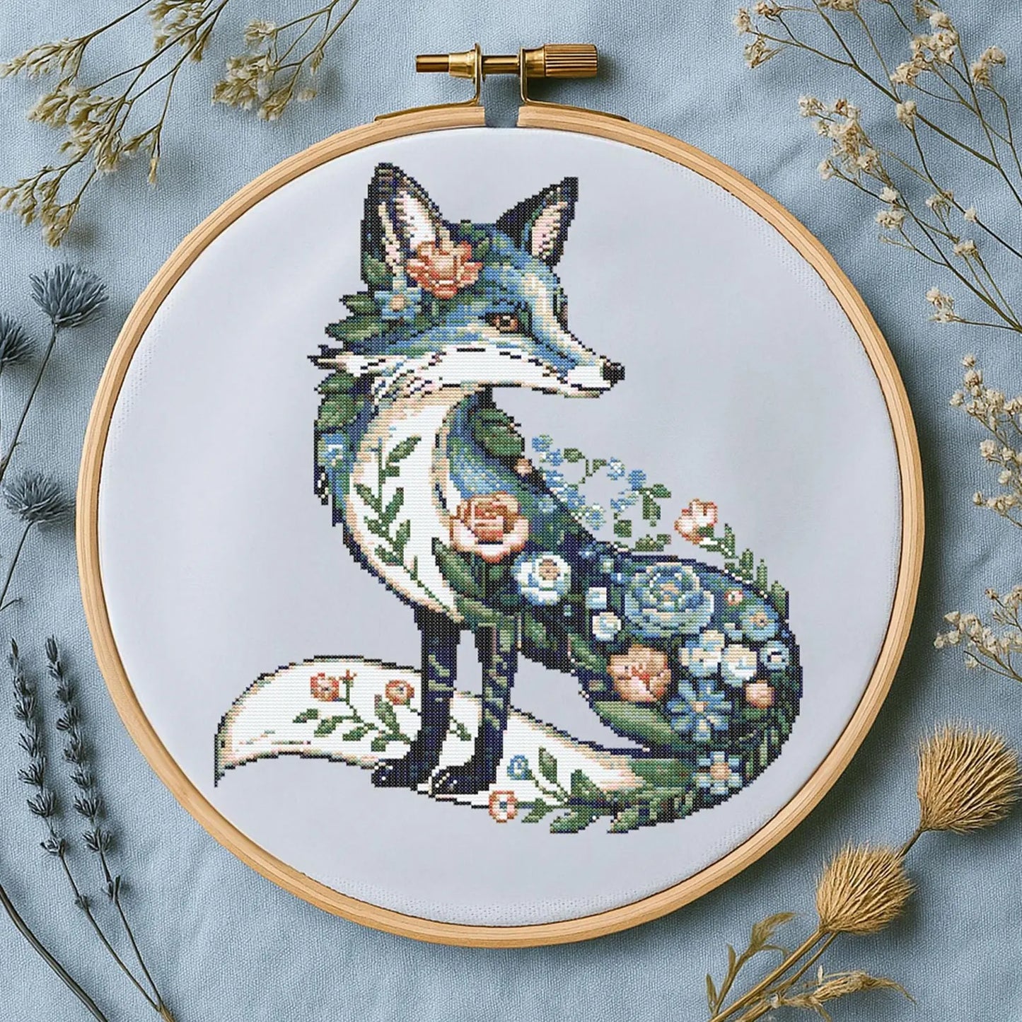 Floral Blue Fox Cross Stitch Pattern Fantasy Woodland Flowers Fox Embroidery Animal Botanical Forest Stitch Pattern PDF For Beginner