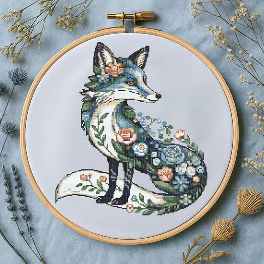 Floral Blue Fox Cross Stitch Pattern Fantasy Woodland Flowers Fox Embroidery Animal Botanical Forest Stitch Pattern PDF For Beginner