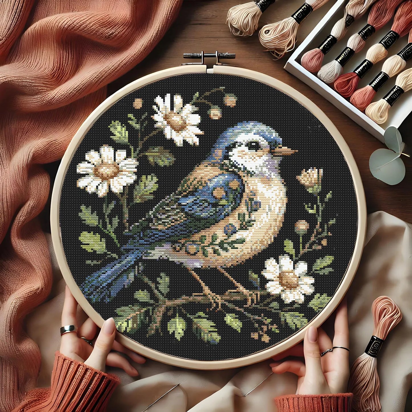 Floral Bird Cross Stitch Pattern, Elegant Blue Garden Bird, Wildflowers Embroidery Cottage Garden Bird Botanical Songbird Stitch Pattern PDF