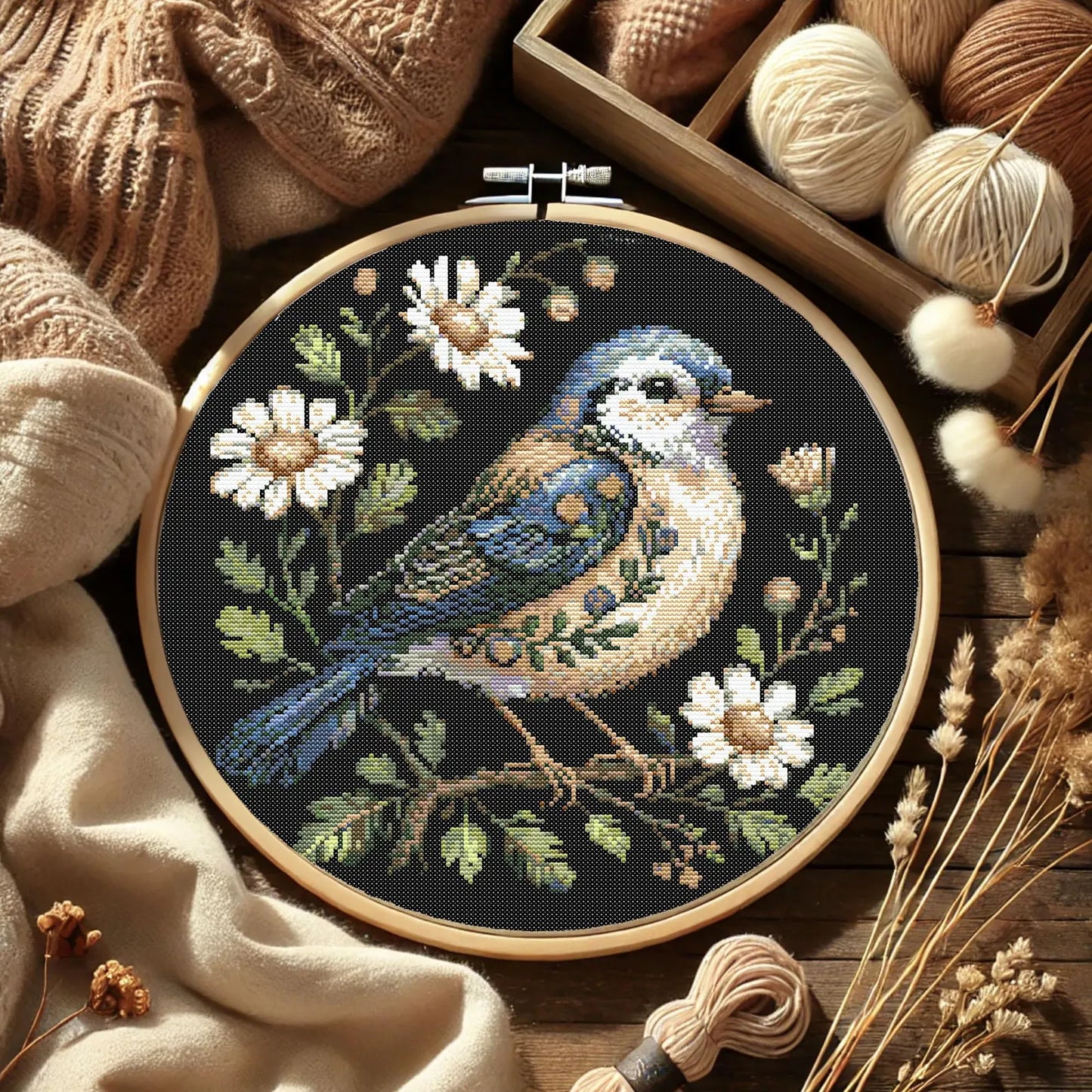 Floral Bird Cross Stitch Pattern, Elegant Blue Garden Bird, Wildflowers Embroidery Cottage Garden Bird Botanical Songbird Stitch Pattern PDF