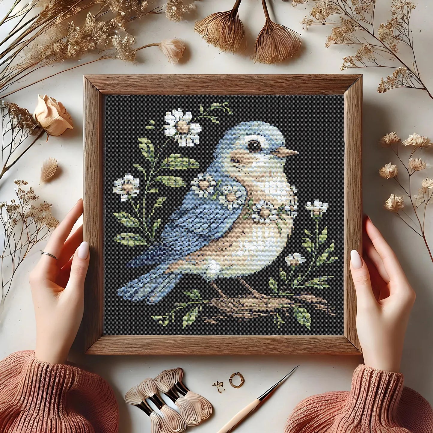 Bluebird Floral Cross Stitch Pattern, Elegant Bird with Daisies, Wildflowers Embroidery Nature Needlework, Botanical Songbird Stitch Pattern