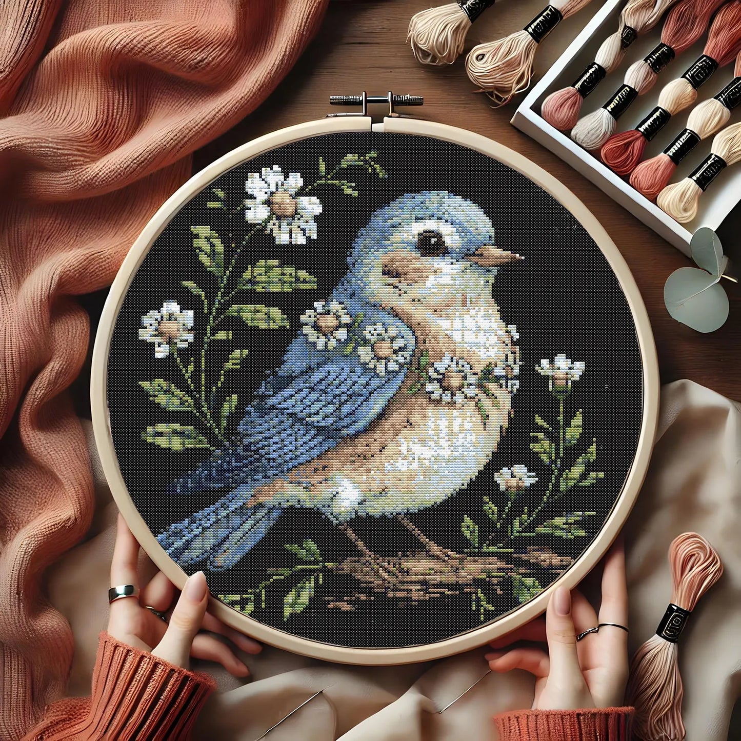 Bluebird Floral Cross Stitch Pattern, Elegant Bird with Daisies, Wildflowers Embroidery Nature Needlework, Botanical Songbird Stitch Pattern