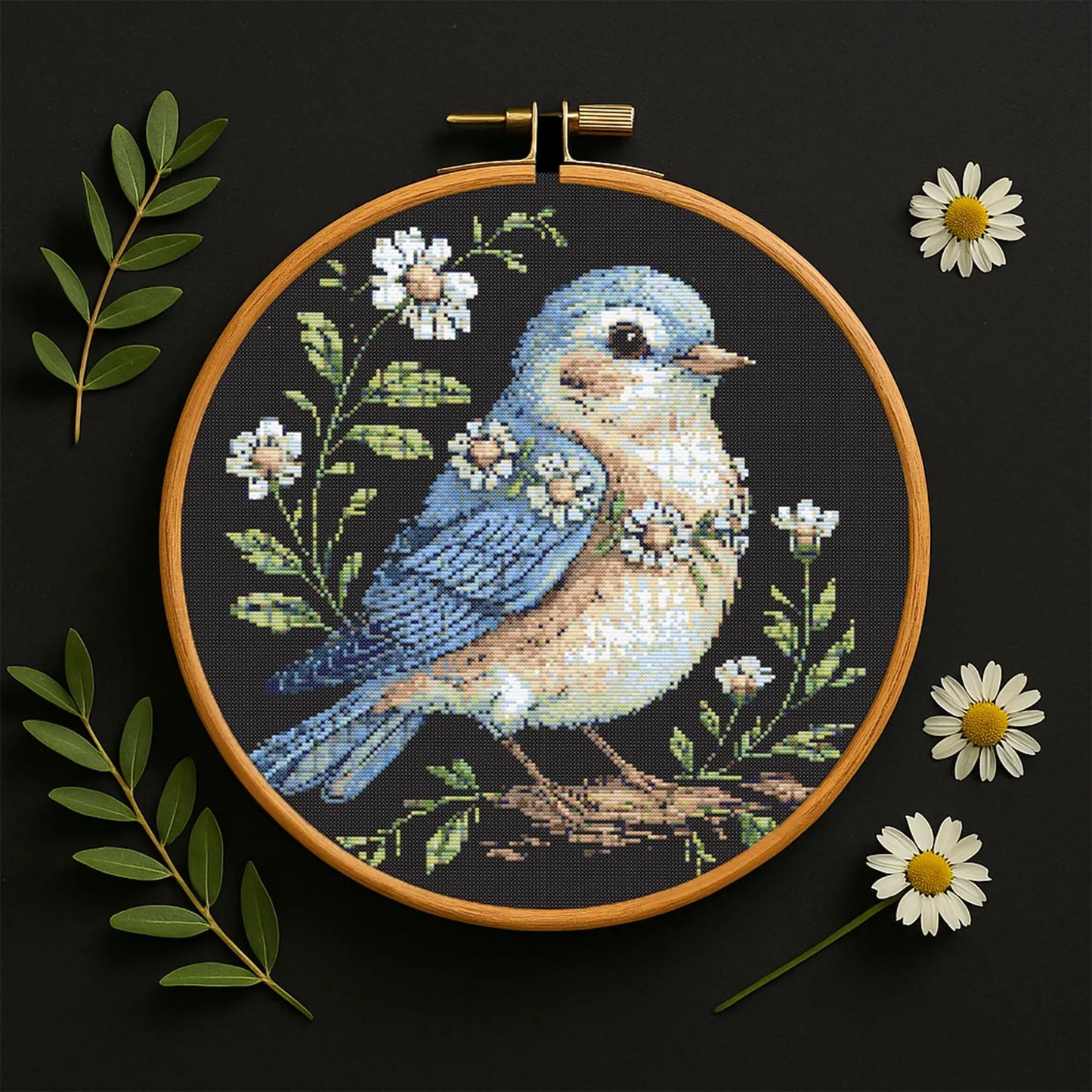 Bluebird Floral Cross Stitch Pattern, Elegant Bird with Daisies, Wildflowers Embroidery Nature Needlework, Botanical Songbird Stitch Pattern