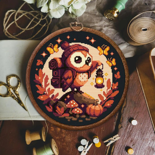 Owl Cross Stitch Pattern, Cute Owl Cross Stitch Pattern, Owl Traveler cross stitch pattern, Owl Embroidery, Traveling Owl, Owl x stitch, PDF