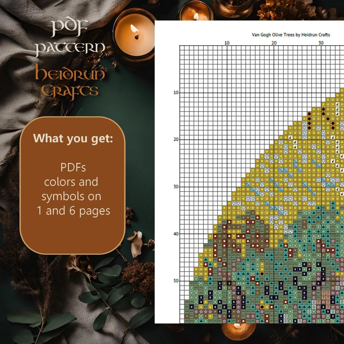 Van Gogh Olive Trees Cross Stitch Pattern PDF – Impressionist Embroidery, Art-Inspired Needlework, Digital Download