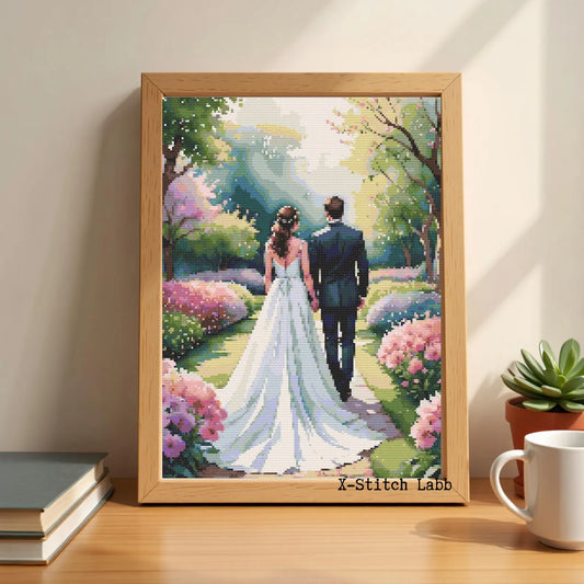Cross-stitch embroidery pattern Wedding in the spring park,Instant PDF Download - Newlyweds Watercolor Cross Stitch Hand Embroidery Wedding