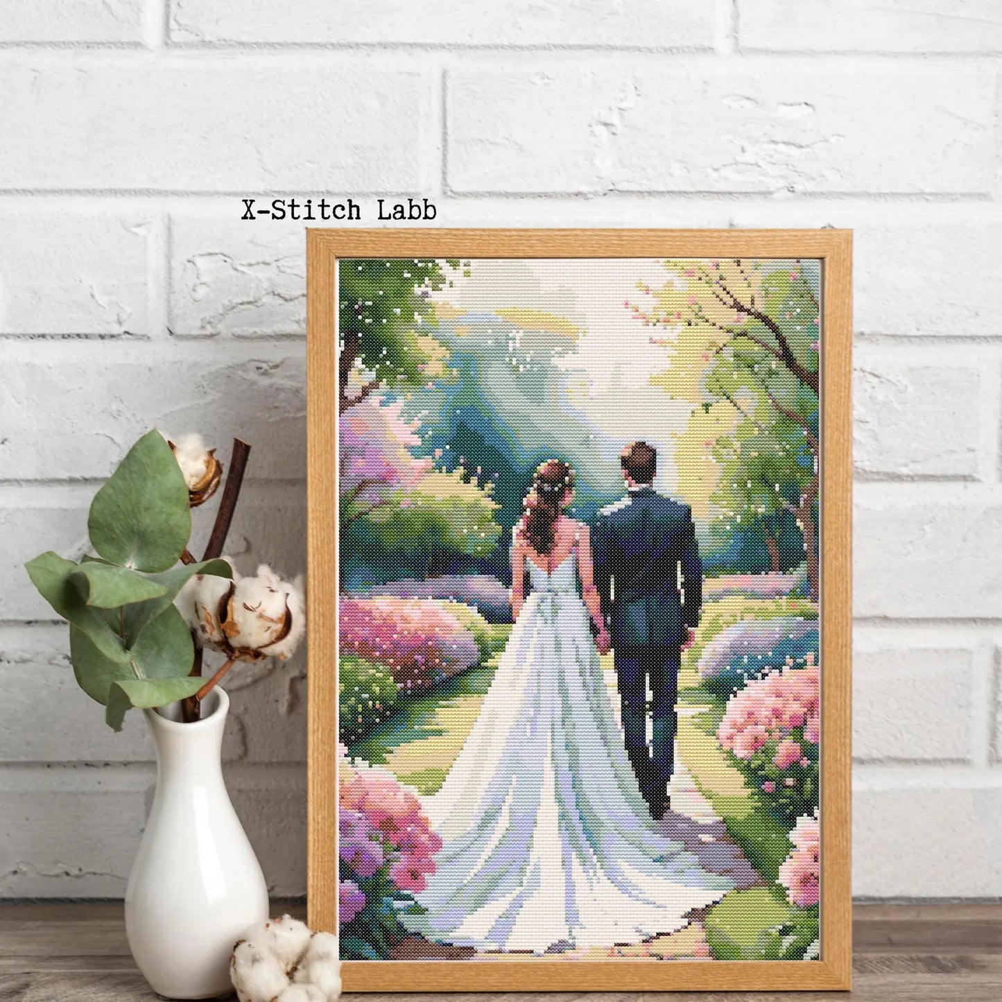 Cross-stitch embroidery pattern Wedding in the spring park,Instant PDF Download - Newlyweds Watercolor Cross Stitch Hand Embroidery Wedding