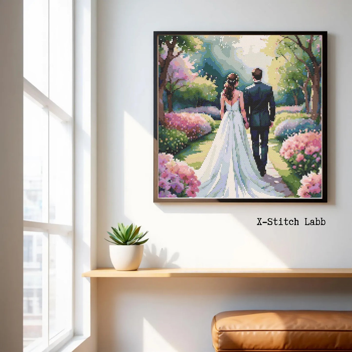 Cross-stitch embroidery pattern Wedding in the spring park,Instant PDF Download - Newlyweds Watercolor Cross Stitch Hand Embroidery Wedding