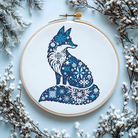 Fox silhouette cross-stitch pattern with snowflakes, blue tones, beginner-friendly, 4 colors only, elegant gift idea, PDF file, easy stitch