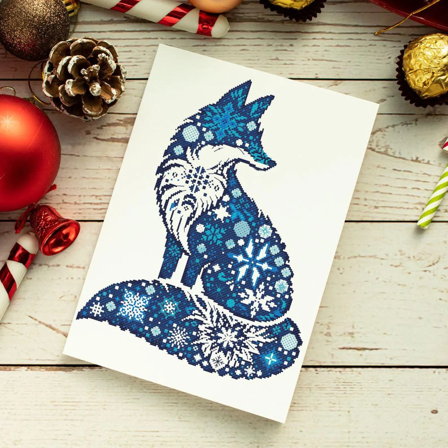 Fox silhouette cross-stitch pattern with snowflakes, blue tones, beginner-friendly, 4 colors only, elegant gift idea, PDF file, easy stitch