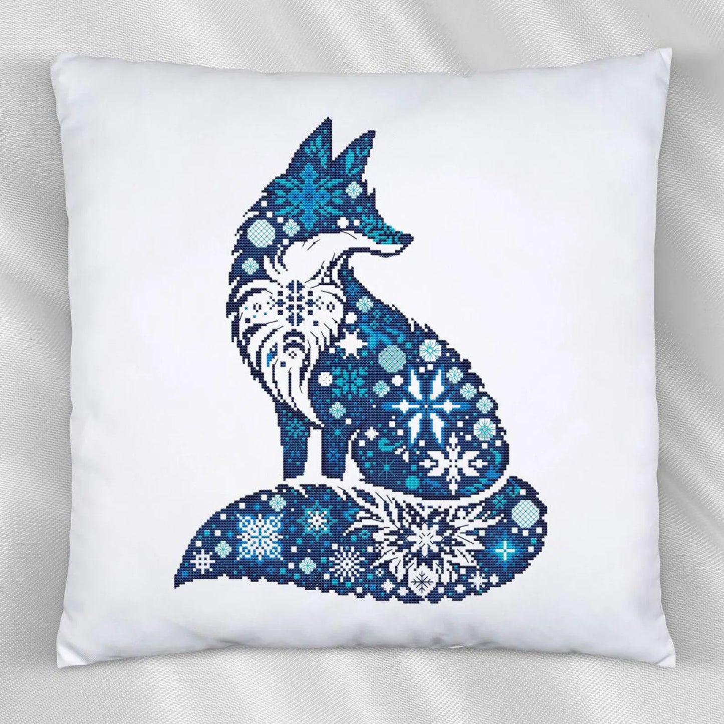 Fox silhouette cross-stitch pattern with snowflakes, blue tones, beginner-friendly, 4 colors only, elegant gift idea, PDF file, easy stitch