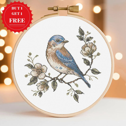 Floral Bluebird Cross Stitch Pattern – Elegant Botanical Songbird Embroidery, Cottagecore Nature PDF, Wildflower Needlework Design