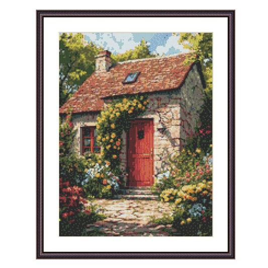 Red Door Garden Shed Scene Cross Stitch Pattern - Garden Cross Stitch - Download - Full Coverage Cross Stitch