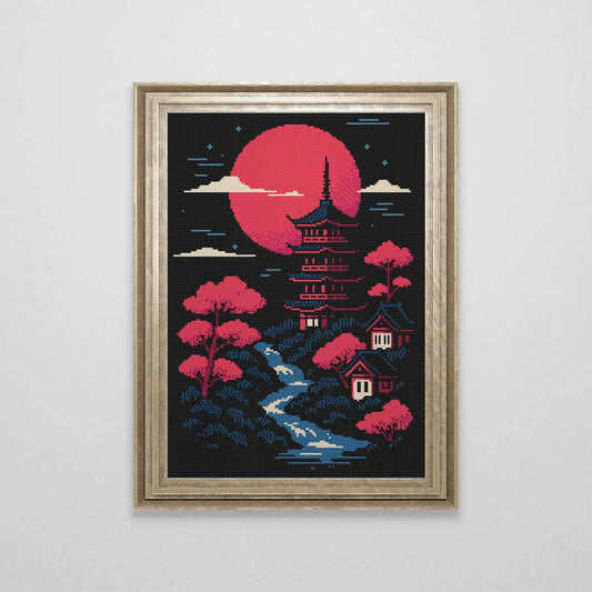 Japanese Pagoda by Stream Cross Stitch Pattern | Japan Landscape Cross Stitch Chart | Asian Landscape Cross Stitch Art | Large Cross Stitch