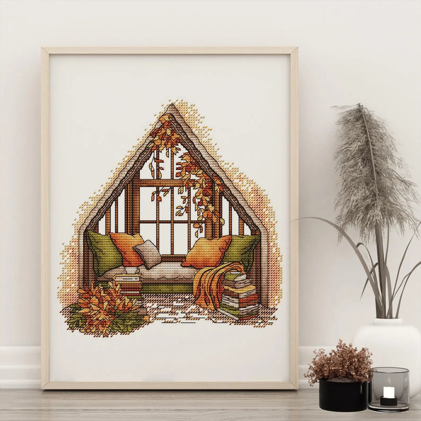 Fall Cross Stitch Pattern PDF, Autumn Embroidery, Autumn Leaves Cross Stitch,Vintage Book Embroidery, Autumn embroidery Counted Cross Stitch