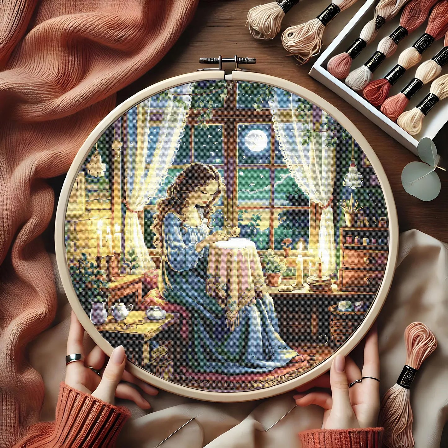 Moonlight embroidery girl cross stitch pattern with glowing stars and black cat magical Girl stitching design Fantasy Embroidery PDF
