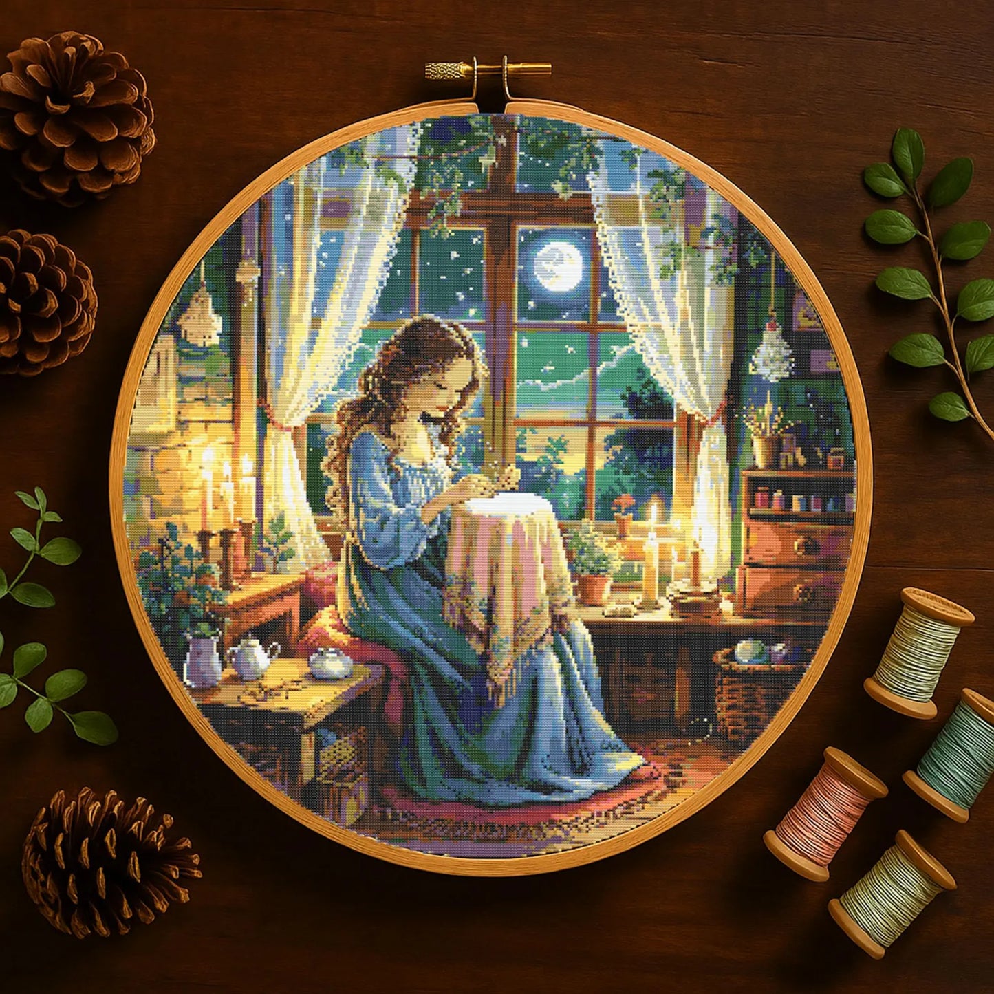 Moonlight embroidery girl cross stitch pattern with glowing stars and black cat magical Girl stitching design Fantasy Embroidery PDF