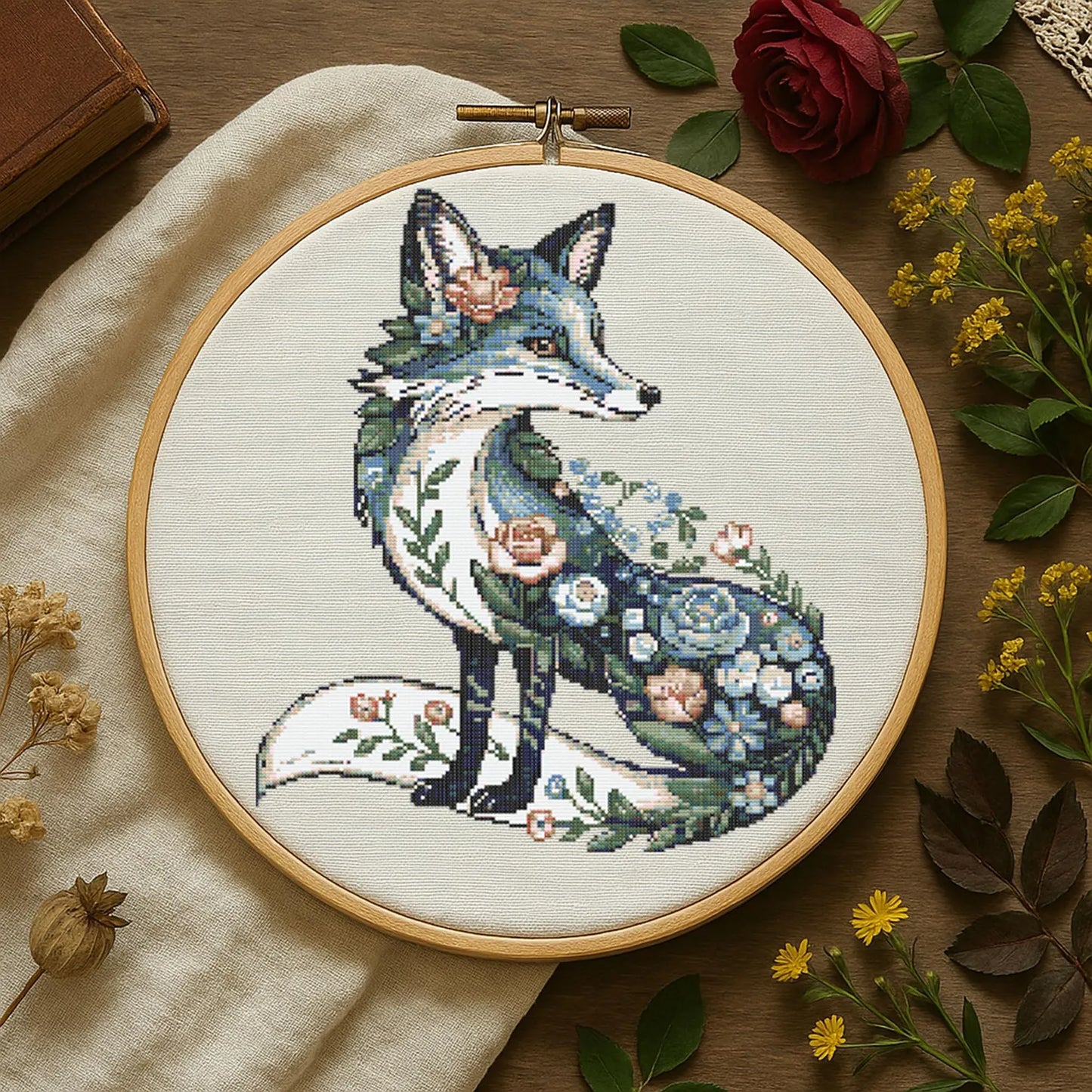 Floral Blue Fox Cross Stitch Pattern Fantasy Woodland Flowers Fox Embroidery Animal Botanical Forest Stitch Pattern PDF For Beginner