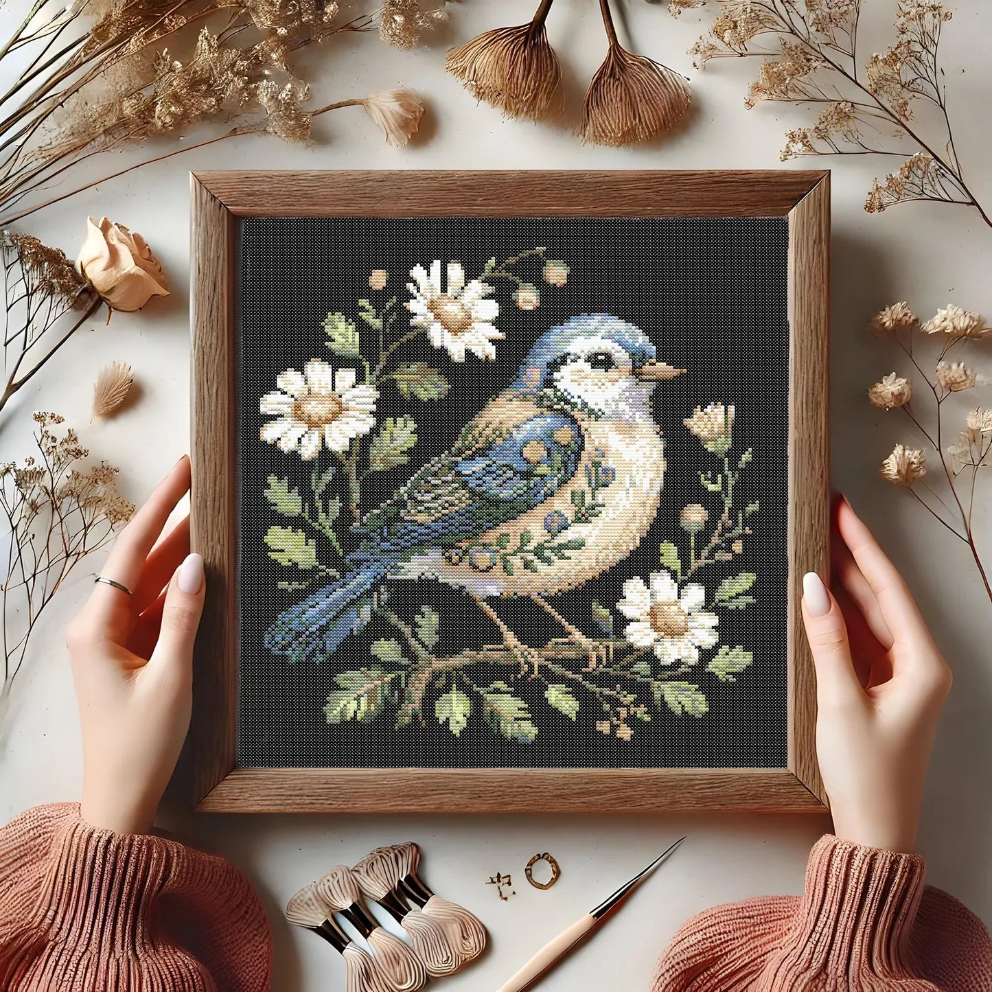 Floral Bird Cross Stitch Pattern, Elegant Blue Garden Bird, Wildflowers Embroidery Cottage Garden Bird Botanical Songbird Stitch Pattern PDF