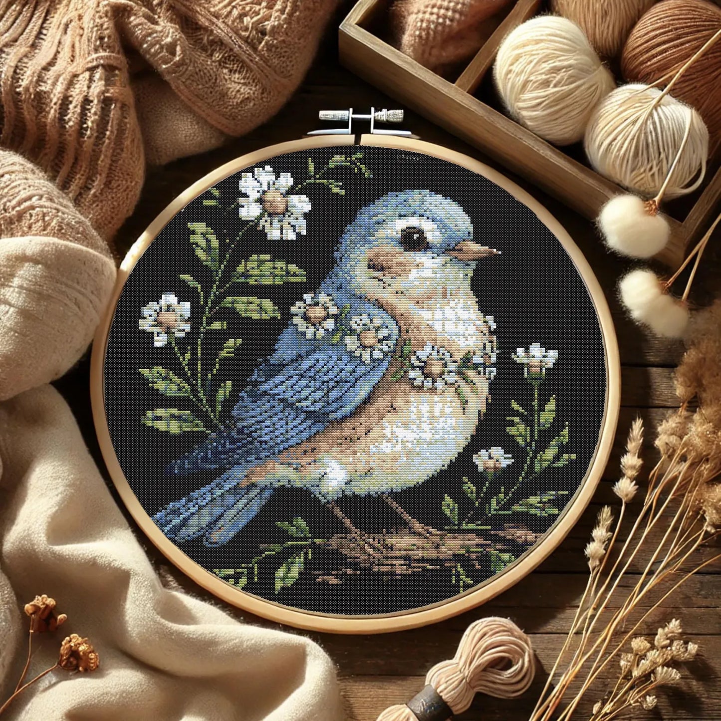 Bluebird Floral Cross Stitch Pattern, Elegant Bird with Daisies, Wildflowers Embroidery Nature Needlework, Botanical Songbird Stitch Pattern