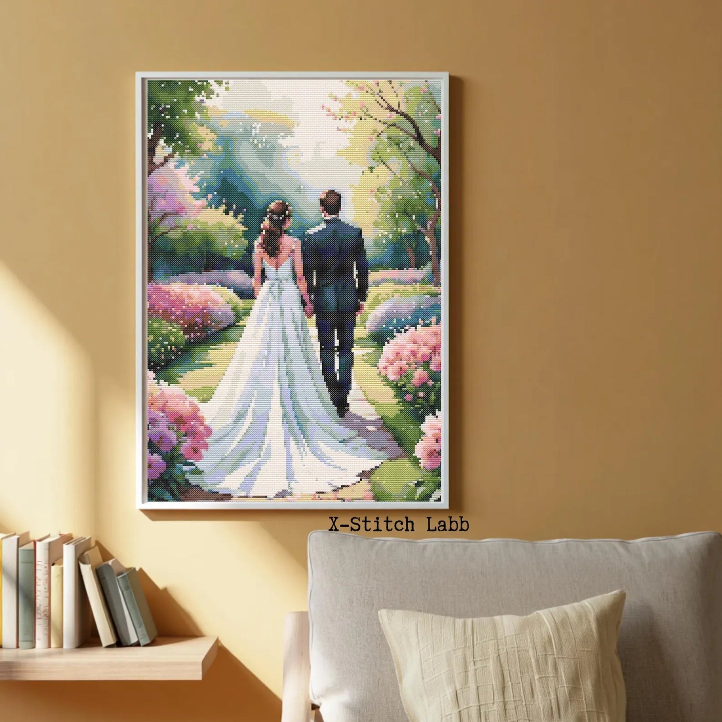 Cross-stitch embroidery pattern Wedding in the spring park,Instant PDF Download - Newlyweds Watercolor Cross Stitch Hand Embroidery Wedding