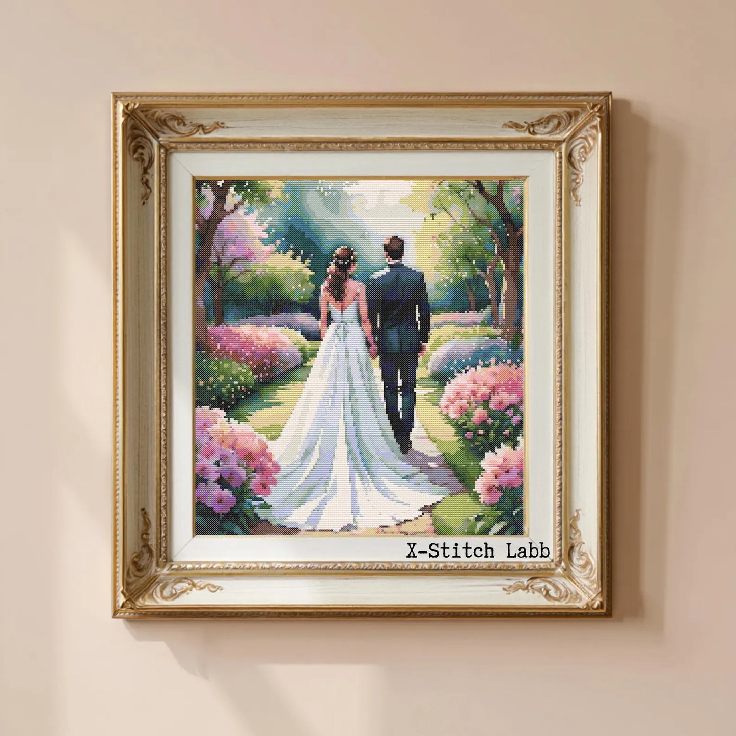 Cross-stitch embroidery pattern Wedding in the spring park,Instant PDF Download - Newlyweds Watercolor Cross Stitch Hand Embroidery Wedding