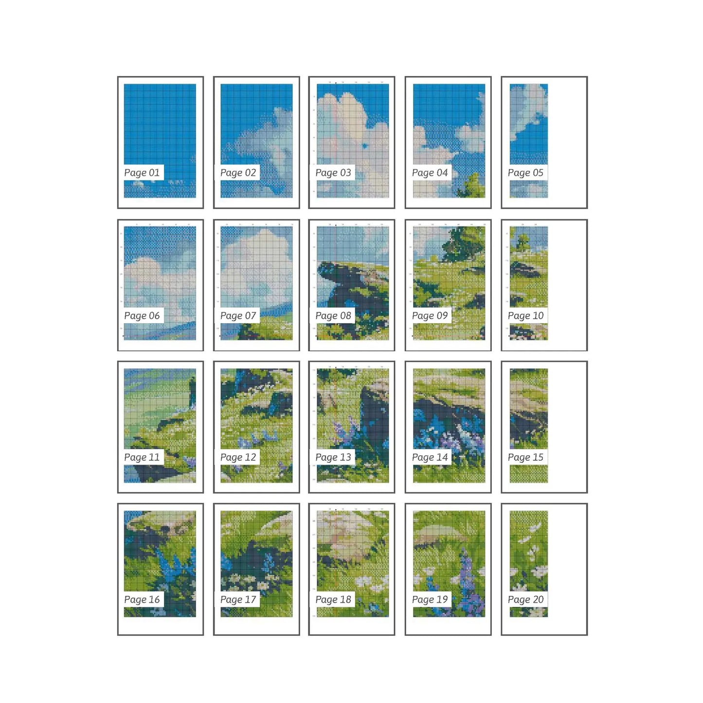 Ghibli inspired Spring Flowers on Mountain Cross Stitch Pattern | Landscape Cross Stitch Chart Download | Nature Cross Stitch