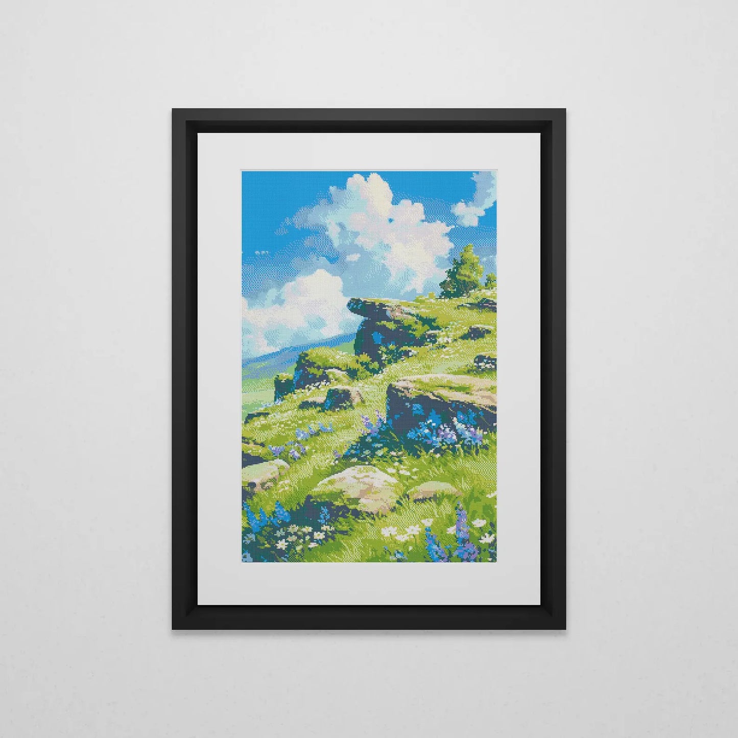 Ghibli inspired Spring Flowers on Mountain Cross Stitch Pattern | Landscape Cross Stitch Chart Download | Nature Cross Stitch