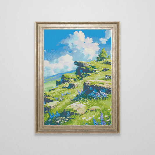 Ghibli inspired Spring Flowers on Mountain Cross Stitch Pattern | Landscape Cross Stitch Chart Download | Nature Cross Stitch