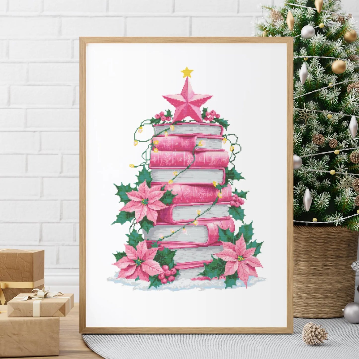 Pink Christmas Tree of Books Cross Stitch Pattern, Christmas ornament cross stitch, books cross stitch, Christmas tree stitch PDF Download