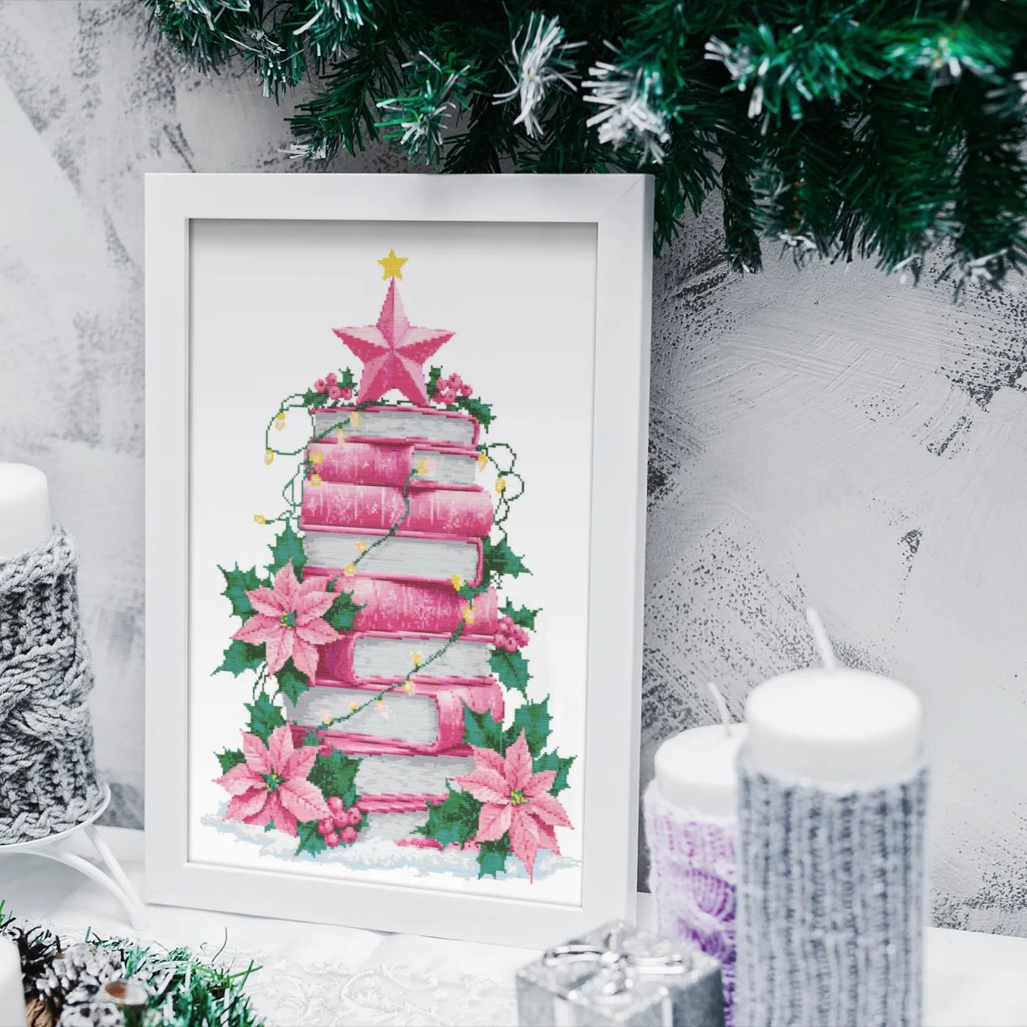 Pink Christmas Tree of Books Cross Stitch Pattern, Christmas ornament cross stitch, books cross stitch, Christmas tree stitch PDF Download