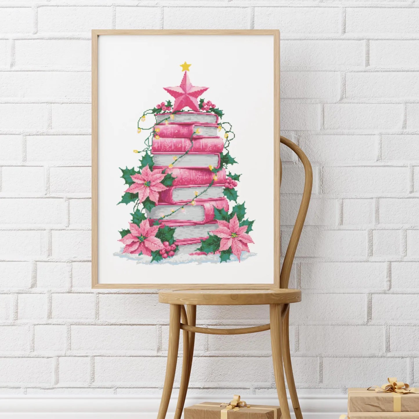 Pink Christmas Tree of Books Cross Stitch Pattern, Christmas ornament cross stitch, books cross stitch, Christmas tree stitch PDF Download