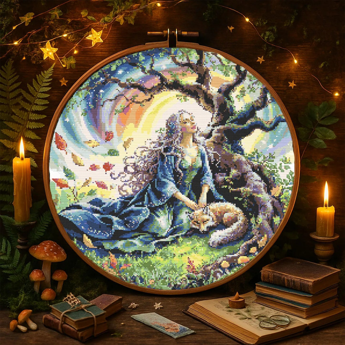 Mystical Elven Woman With Magical Fox Cross Stitch Pattern Woman With fox fantasy Garden scene celestial stitching Fantasy Embroidery PDF