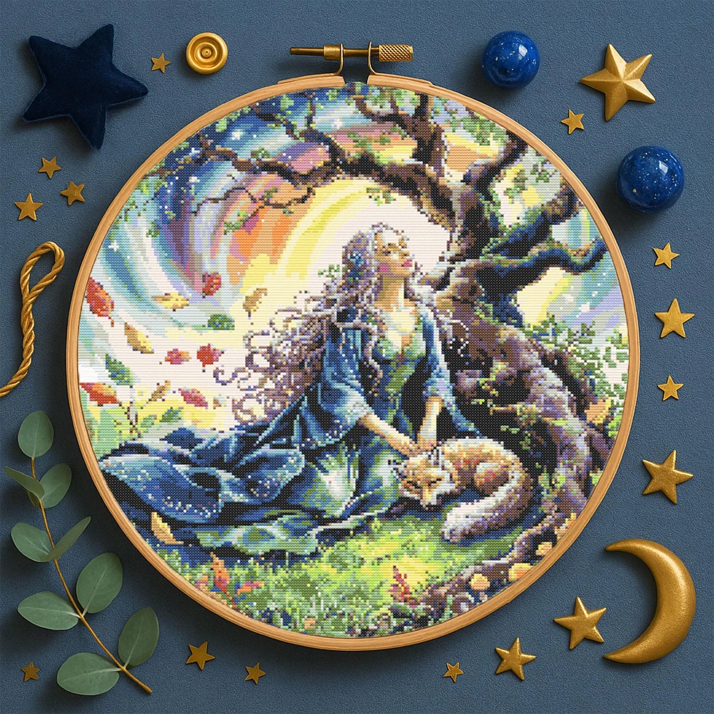 Mystical Elven Woman With Magical Fox Cross Stitch Pattern Woman With fox fantasy Garden scene celestial stitching Fantasy Embroidery PDF