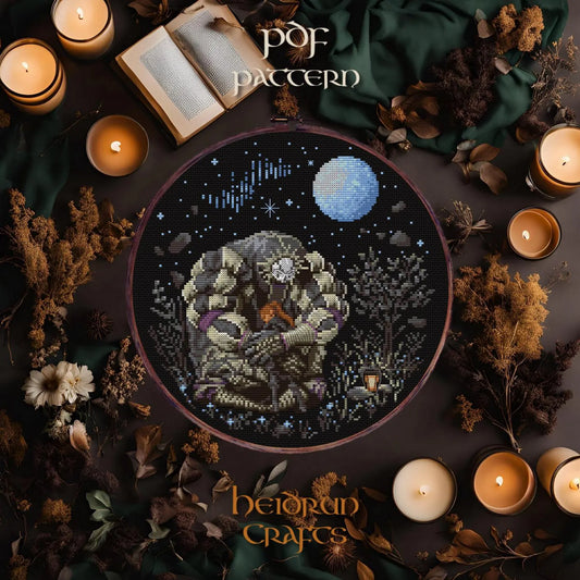 Esquie and Maelle Cross Stitch Pattern PDF – Clair Obscur Expedition 33, Video Game Embroidery, Moonlight Hug Scene, Digital Chart Download