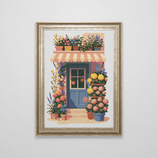 Blue Door Flower Shop Cross Stitch Pattern | Garden Landscape Cross Stitch Chart Download | Nature Cottagecore | Crossstitch PDF
